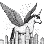 An alicorn with skyscrapers in front