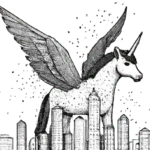 An alicorn with skyscrapers in front