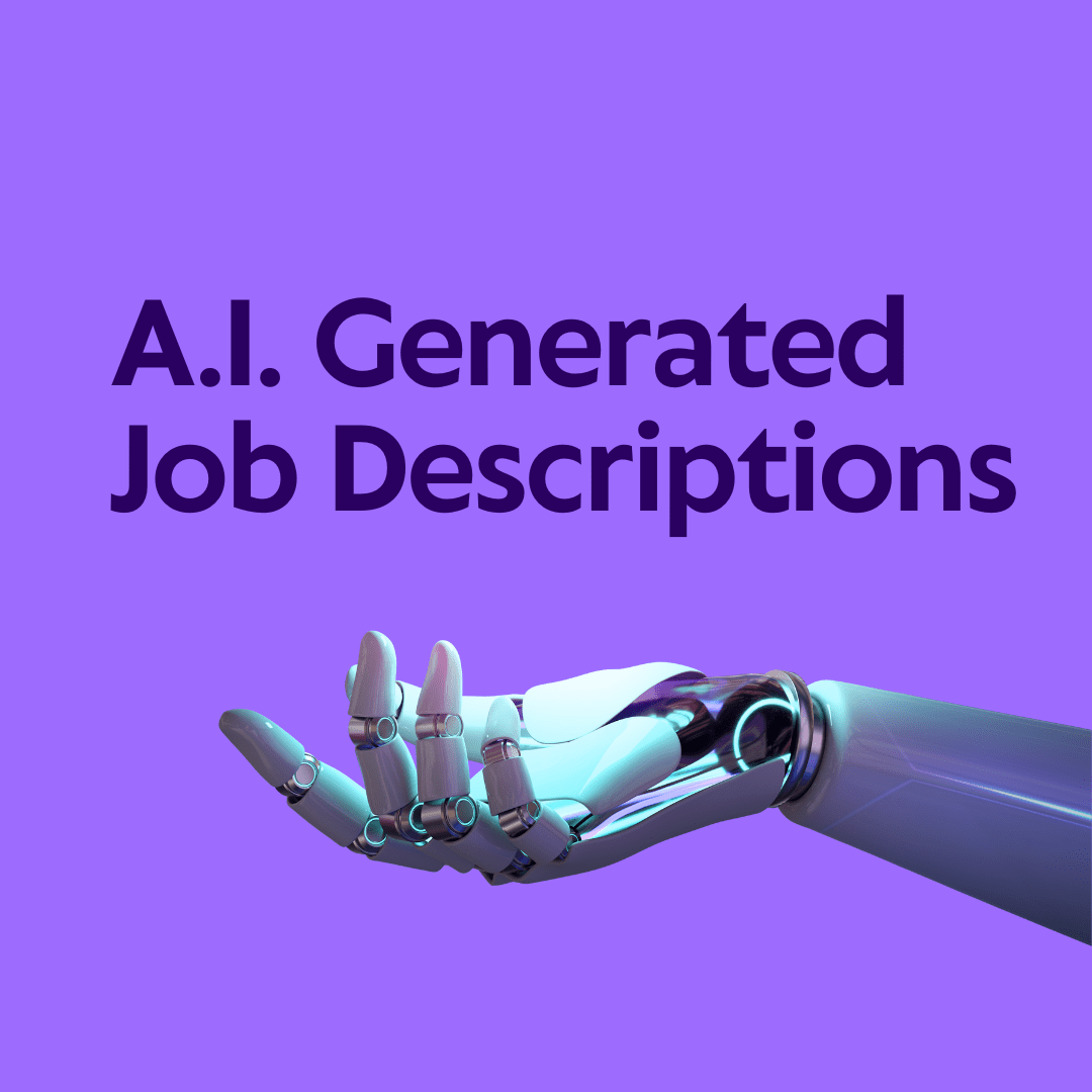 A robot arm reaching out with a.i. generated job descriptions typed above the hand