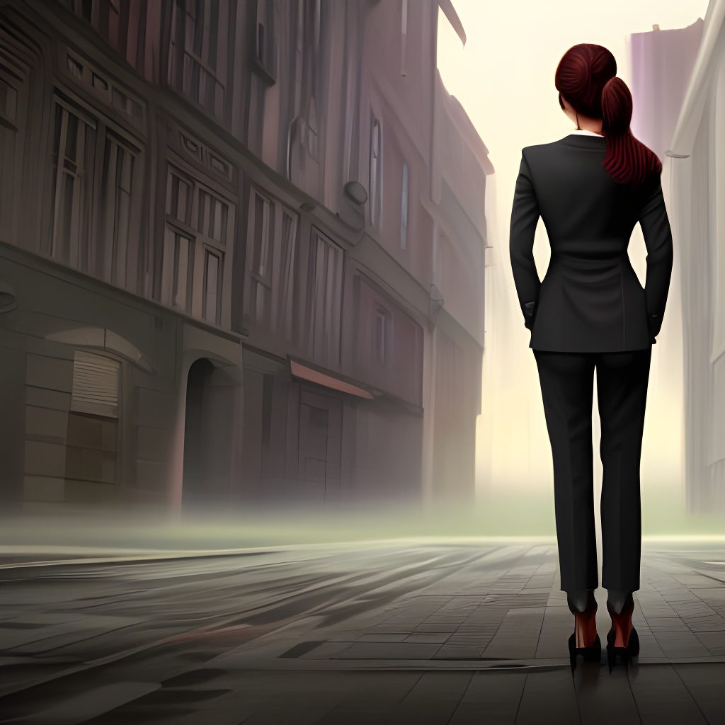 A painting of a woman in a business suit standing in an empty street