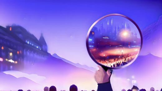 Surreal watercolor style with digital illustration of a city - a person holds up a magnifying glass to see a part of the city closer
