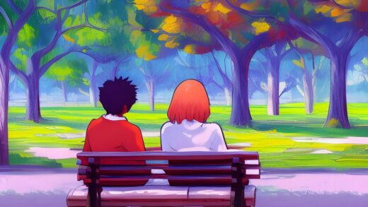 Two people chatting on a park bench