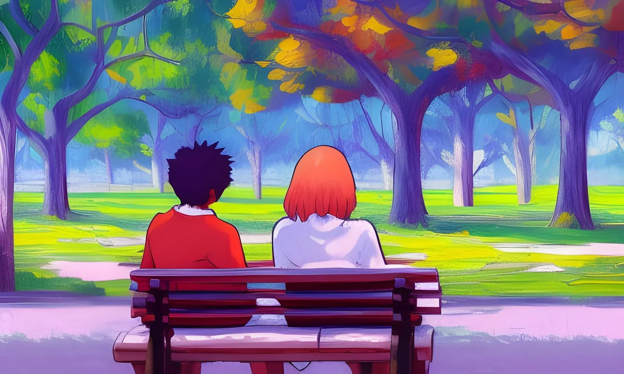 Two people chatting on a park bench