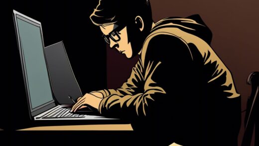A young man sits at a computer looking tired. The style looks like a comic book.