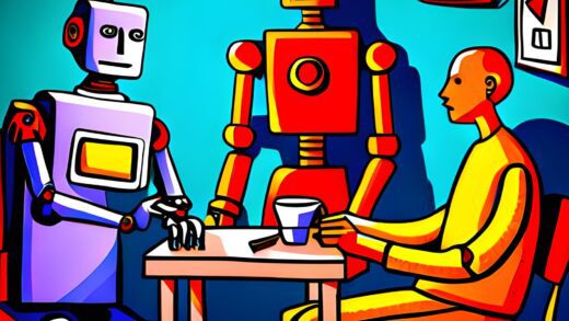 A digital painting of two robots interviewing a human.