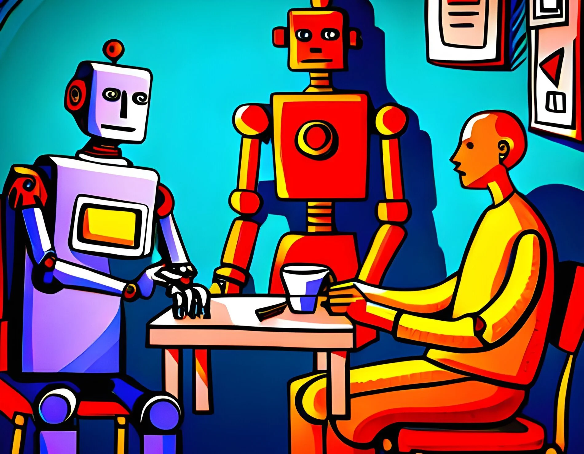 A digital painting of two robots interviewing a human.