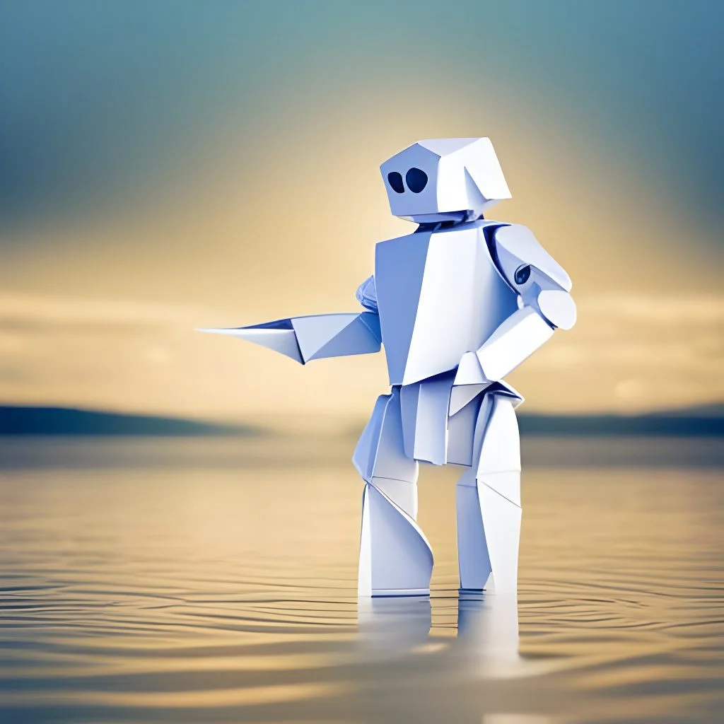 An ai-generated image of a paper folded robot walking on water.