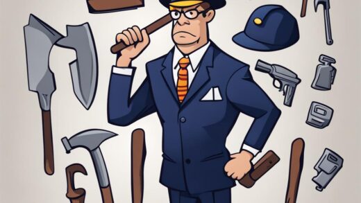 A cartoon of a mixed-up employee. hey have a taxi cab hat on, wearing a suit, with a construction tool in hand.
