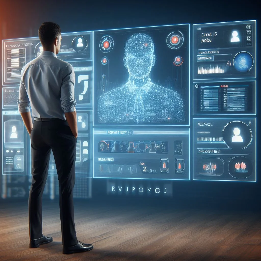 A recruiter stands dressed business casual in front of a transparent wall of computer-generated information.
