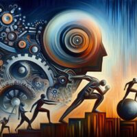 An abstract surreal painting depicting proactivity. Gears and technology fade into the human mind and moving across the painting are abstract bodies in motion.