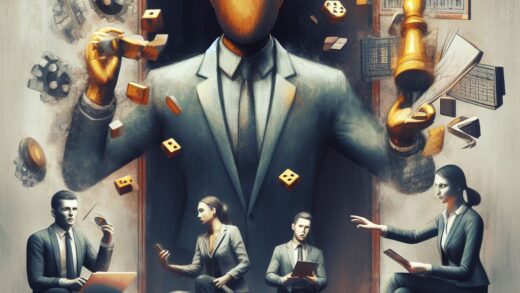 A surreal image of business people interviewing and parts of games like chess pieces and cards floating in the air.