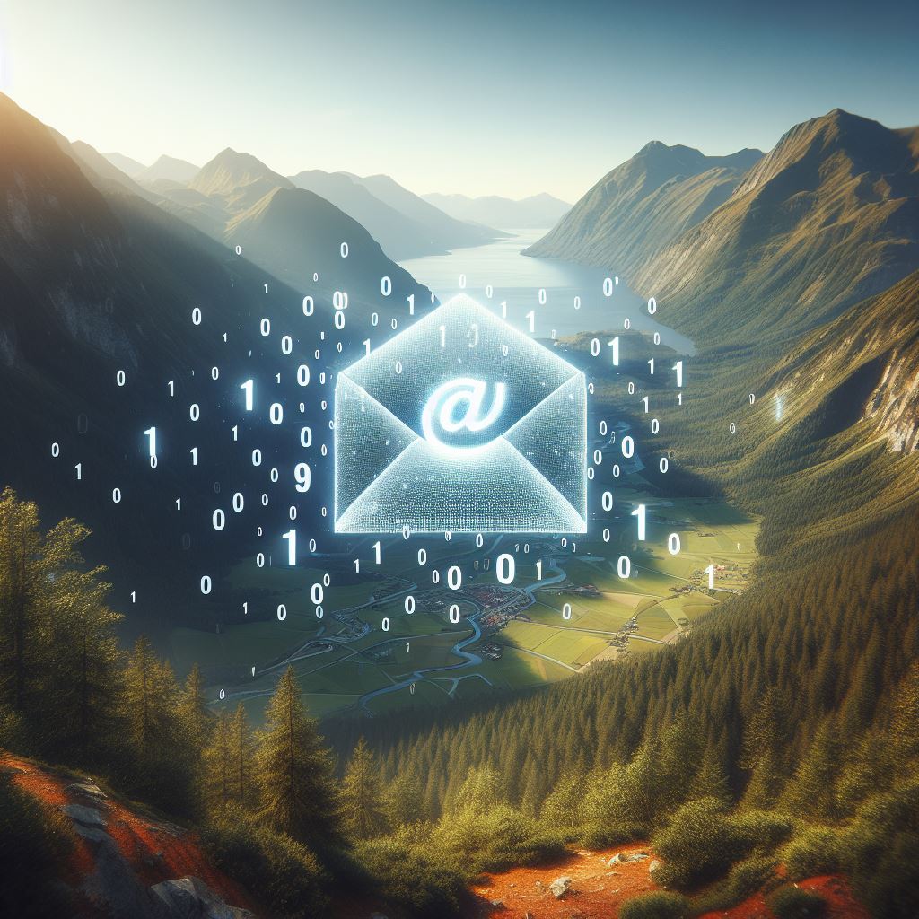 A digital representation of an envelop surrounded by zeros and ones flies over a beautiful, scenic valley