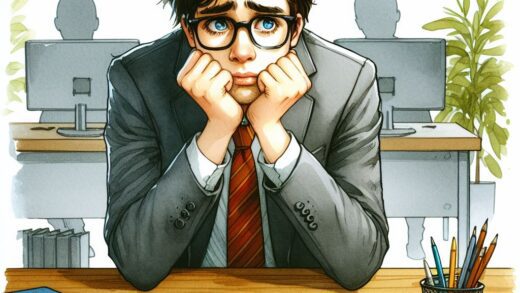 A water color painting of a sad young employee all alone at an office desk, isolated, scared