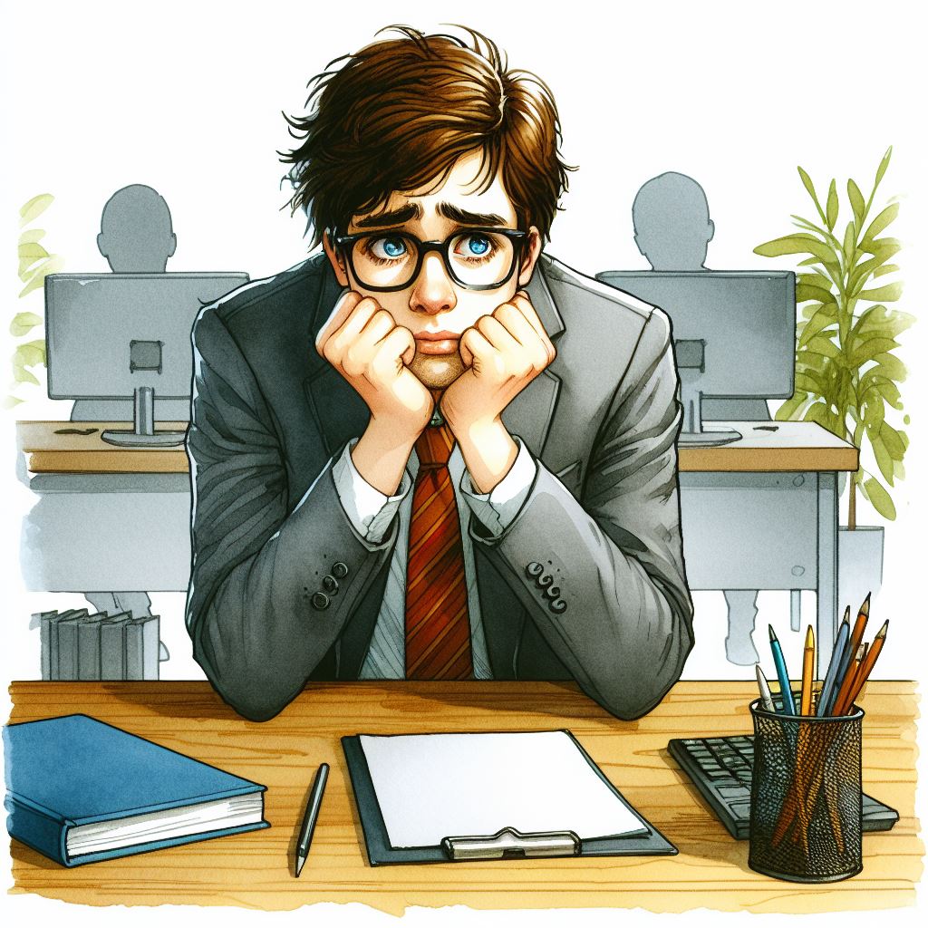 A water color painting of a sad young employee all alone at an office desk, isolated, scared
